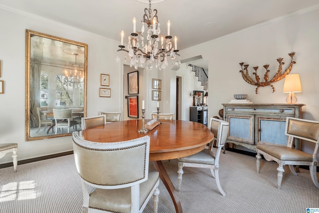 4603 Clairmont Ave, Birmingham, AL 35222 - dining space with a notable chandelier, crown molding, stairway, baseboards, and carpet