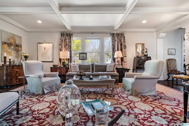 4603 Clairmont Ave, Birmingham, AL 35222 - living room featuring coffered ceiling, beamed ceiling, and wood finished floors
