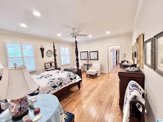 bedroom with crown molding, a ceiling fan, light wood-style flooring, baseboards, and recessed lighting
