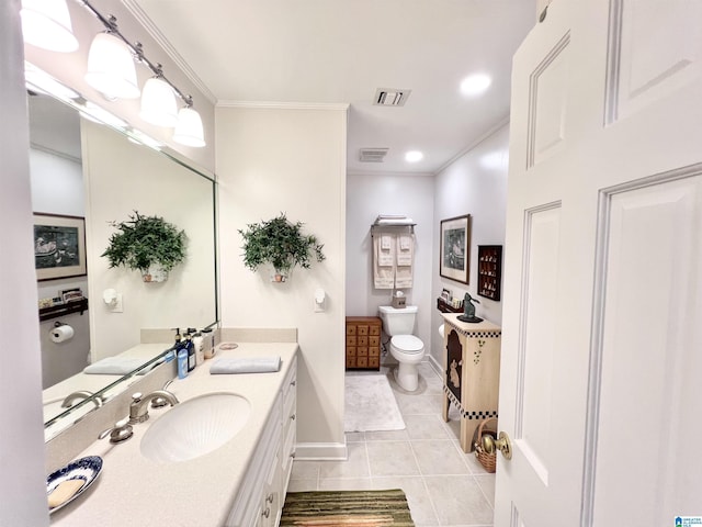 full bathroom featuring tile patterned floors, toilet, vanity, visible vents, and ornamental molding