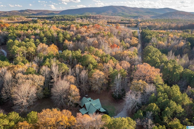 aerial view featuring a wooded view and a mountain view