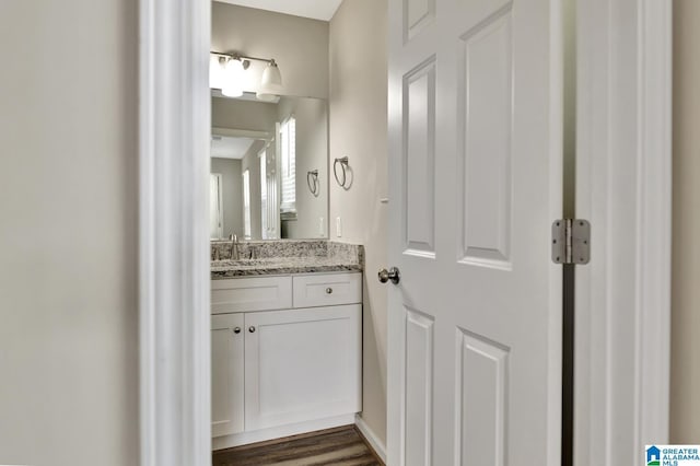 bathroom with wood finished floors and vanity