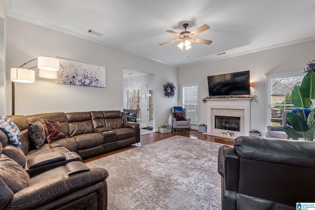 471 River Oaks Ln, Helena, AL 35080 - living room with ceiling fan, ornamental molding, wood finished floors, and a fireplace