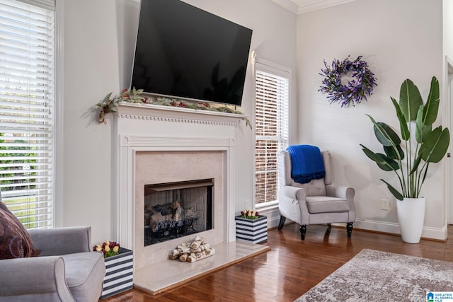 471 River Oaks Ln, Helena, AL 35080 - living area with wood finished floors, a fireplace, ornamental molding, and baseboards