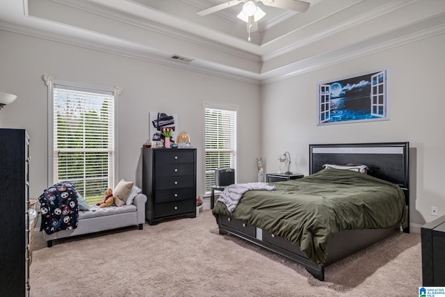 471 River Oaks Ln, Helena, AL 35080 - bedroom featuring carpet, a raised ceiling, ornamental molding, and ceiling fan