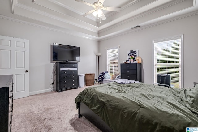 471 River Oaks Ln, Helena, AL 35080 - bedroom featuring a raised ceiling, carpet floors, ornamental molding, ceiling fan, and baseboards