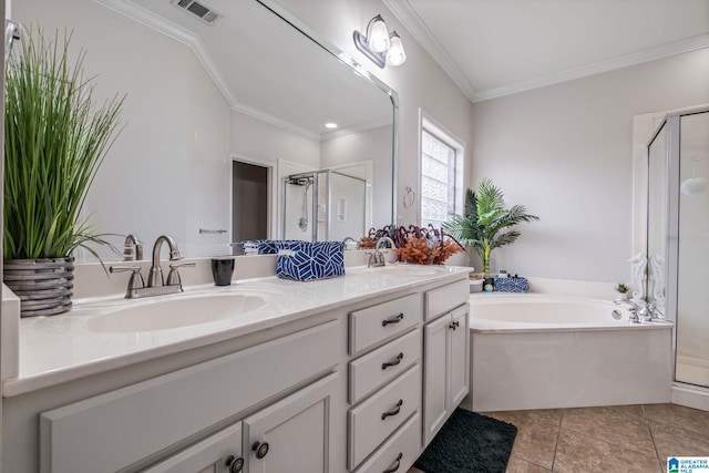 471 River Oaks Ln, Helena, AL 35080 - full bath featuring a shower stall, double vanity, a bath, ornamental molding, and tile patterned floors