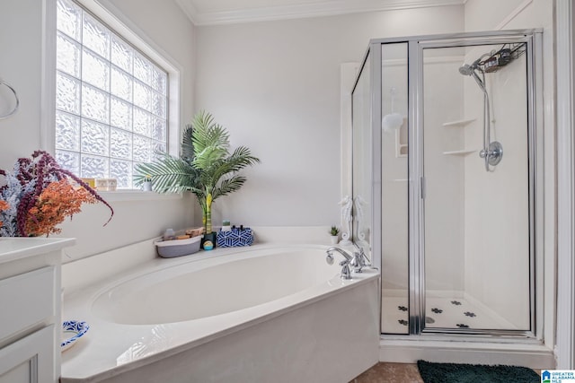 471 River Oaks Ln, Helena, AL 35080 - bathroom with a shower stall, a garden tub, ornamental molding, and vanity