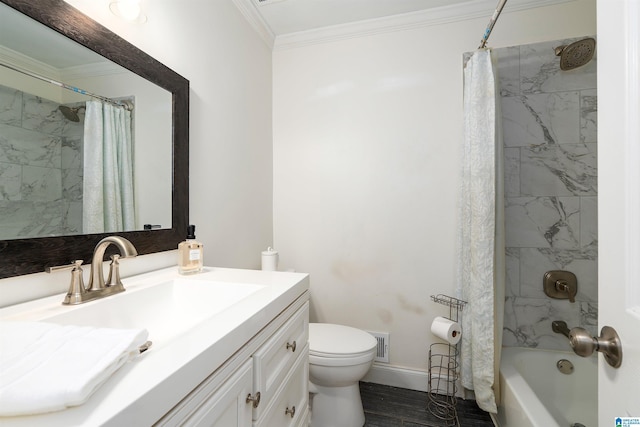 1324 W Navajo Dr, Alabaster, AL 35007 - bathroom featuring vanity, ornamental molding, toilet, shower / bathtub combination with curtain, and visible vents