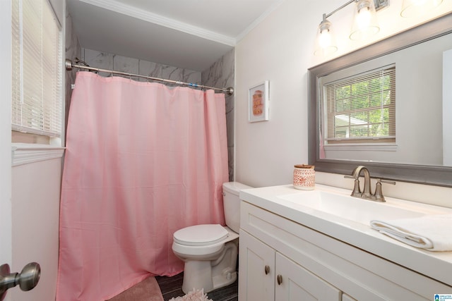 1324 W Navajo Dr, Alabaster, AL 35007 - bathroom with vanity, a shower with curtain, ornamental molding, and toilet