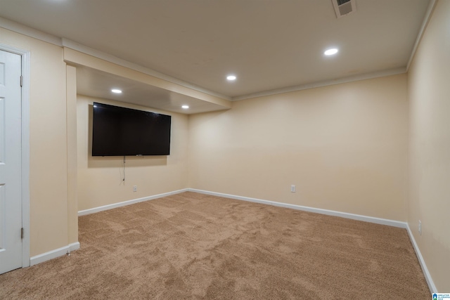 1324 W Navajo Dr, Alabaster, AL 35007 - finished basement featuring crown molding, visible vents, recessed lighting, carpet floors, and baseboards