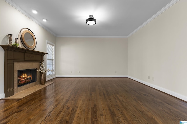 unfurnished living room featuring a fireplace with flush hearth, baseboards, crown molding, and dark wood-style floors