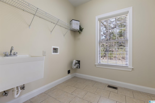 laundry room featuring baseboards, a sink, visible vents, laundry area, and washer hookup