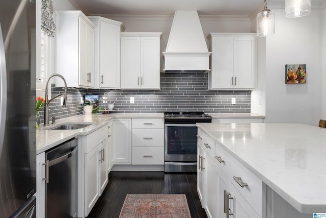 4460 Tuckahoe Ln, Hoover, AL 35226 - kitchen featuring custom exhaust hood, appliances with stainless steel finishes, dark wood-style floors, crown molding, and decorative backsplash