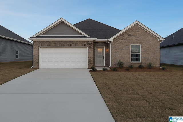 ranch-style home with a front yard, an attached garage, brick siding, and concrete driveway
