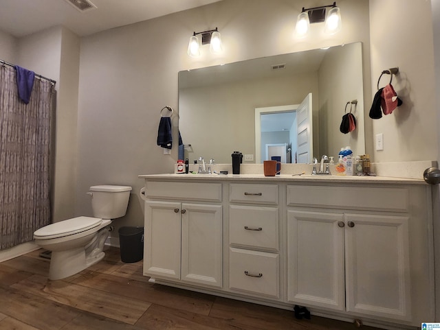 bathroom with toilet, wood finished floors, double vanity, and a sink