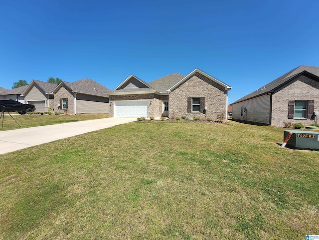single story home featuring concrete driveway, brick siding, a garage, and a front lawn