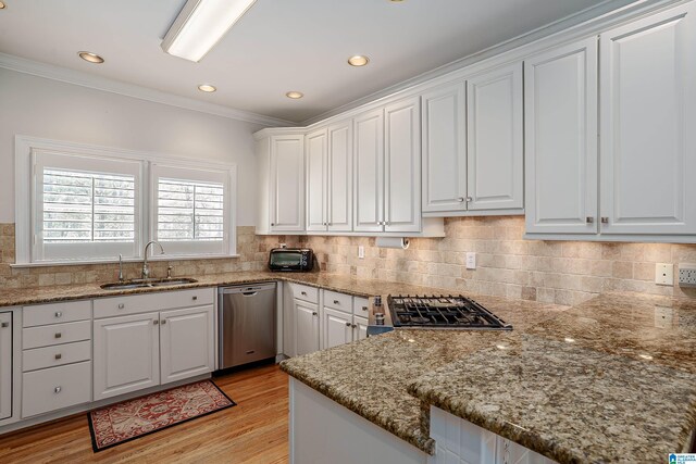 2240 Hillview Rd, Birmingham, AL 35022 - kitchen featuring ornamental molding, backsplash, white cabinets, stainless steel dishwasher, and a sink