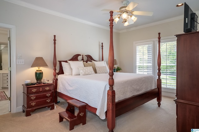 2240 Hillview Rd, Birmingham, AL 35022 - bedroom with light carpet, ceiling fan, and ornamental molding