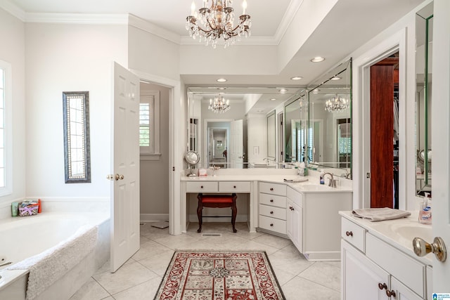 2240 Hillview Rd, Birmingham, AL 35022 - full bathroom with a chandelier, tile patterned flooring, crown molding, and two vanities