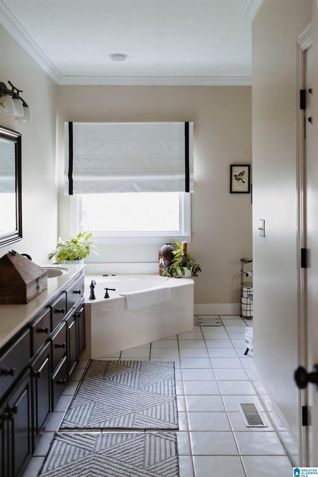 100 Edgewood Cir, Oneonta, AL 35121 - bathroom with visible vents, crown molding, tile patterned floors, vanity, and a garden tub