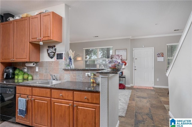 600 13th St E Unit 914, Tuscaloosa, AL 35401 - kitchen with black dishwasher, a sink, stone finish flooring, tasteful backsplash, and crown molding