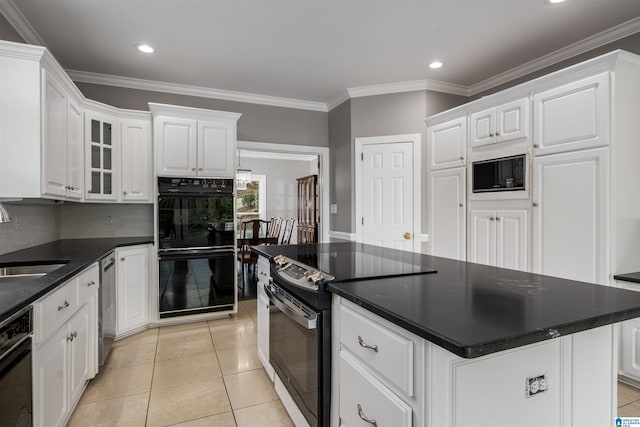 4049 Water Willow Ln, Hoover, AL 35244 - kitchen with light tile patterned floors, white cabinets, black appliances, a sink, and dark countertops