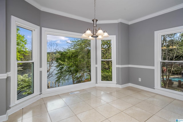 4049 Water Willow Ln, Hoover, AL 35244 - empty room featuring crown molding, light tile patterned floors, a wealth of natural light, and an inviting chandelier