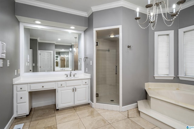 4049 Water Willow Ln, Hoover, AL 35244 - bathroom featuring crown molding, a shower stall, vanity, a chandelier, and baseboards
