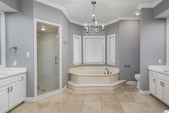 4049 Water Willow Ln, Hoover, AL 35244 - bathroom featuring crown molding, two vanities, a shower stall, toilet, and a notable chandelier