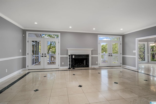 4049 Water Willow Ln, Hoover, AL 35244 - unfurnished living room featuring ornamental molding, french doors, baseboards, and recessed lighting