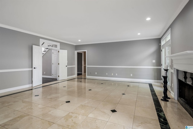 4049 Water Willow Ln, Hoover, AL 35244 - unfurnished living room featuring recessed lighting, a fireplace, baseboards, and crown molding