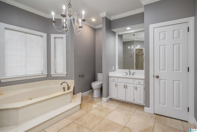 4049 Water Willow Ln, Hoover, AL 35244 - bathroom featuring a shower stall, vanity, ornamental molding, toilet, and a notable chandelier