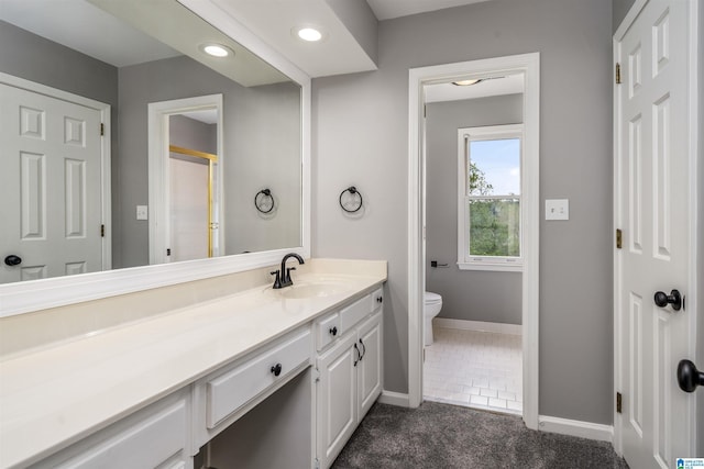 4049 Water Willow Ln, Hoover, AL 35244 - bathroom with baseboards, toilet, an enclosed shower, recessed lighting, and vanity