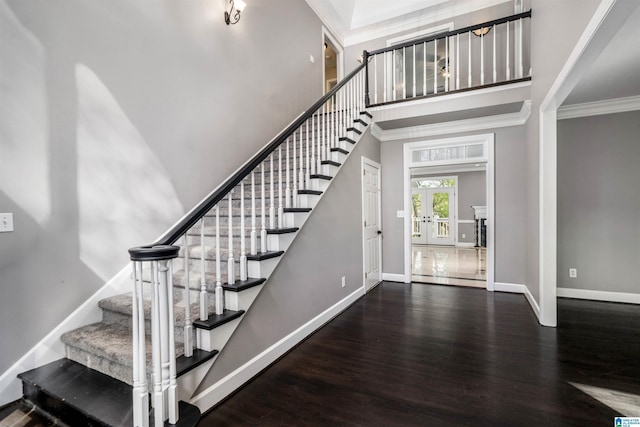 4049 Water Willow Ln, Hoover, AL 35244 - stairway with a towering ceiling, baseboards, french doors, crown molding, and wood finished floors