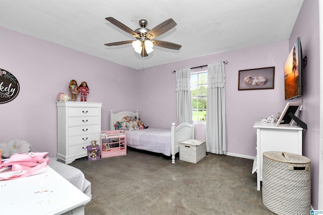bedroom featuring baseboards, carpet floors, and a ceiling fan