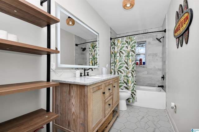 bathroom featuring toilet, shower / tub combo with curtain, vanity, and tile patterned flooring