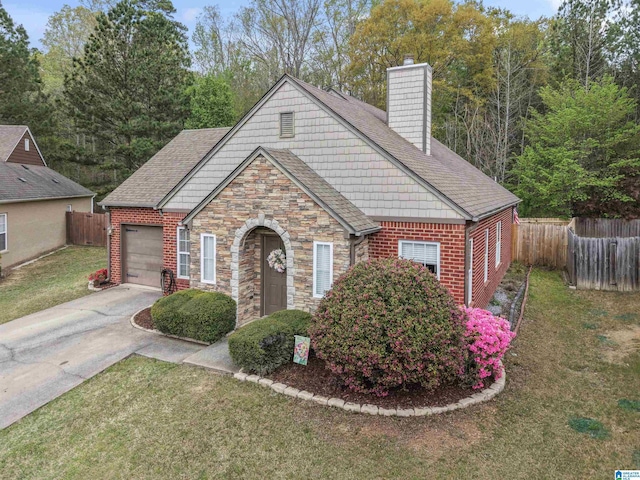 view of front of property featuring concrete driveway, a chimney, a front lawn, an attached garage, and fence