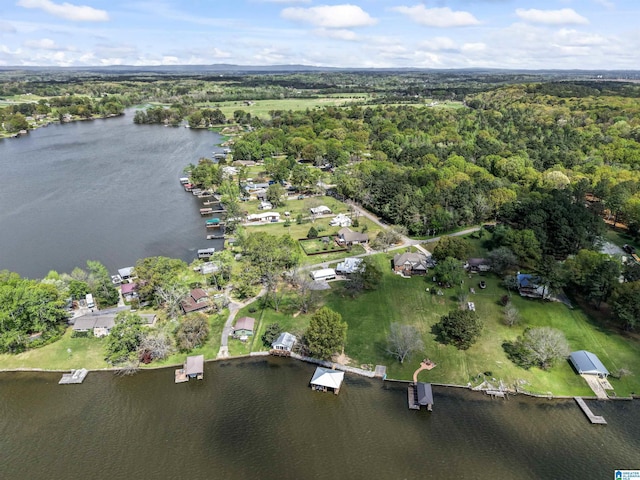 birds eye view of property featuring a forest view and a water view