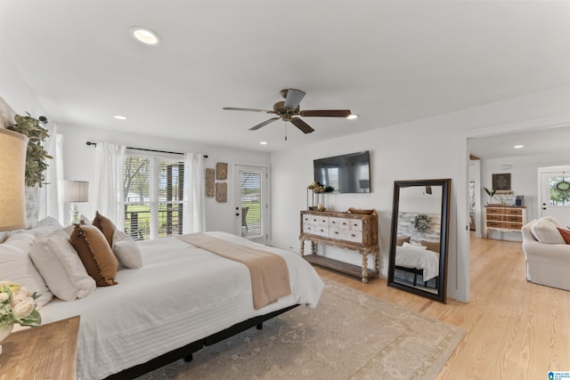 bedroom featuring access to exterior, recessed lighting, a ceiling fan, and light wood finished floors
