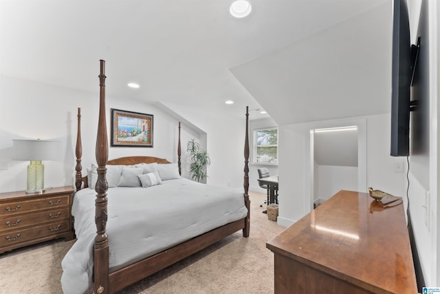bedroom with light carpet, baseboards, and recessed lighting
