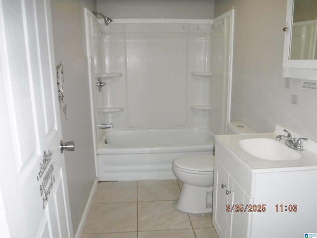 full bathroom featuring shower / tub combination, toilet, tile patterned floors, and vanity