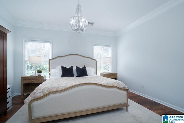 1595 Creekstone Cir, Birmingham, AL 35243 - bedroom with a chandelier, ornamental molding, and dark wood-type flooring