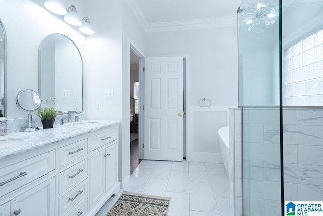 1595 Creekstone Cir, Birmingham, AL 35243 - ensuite bathroom featuring a freestanding tub, double vanity, crown molding, and marble finish floors