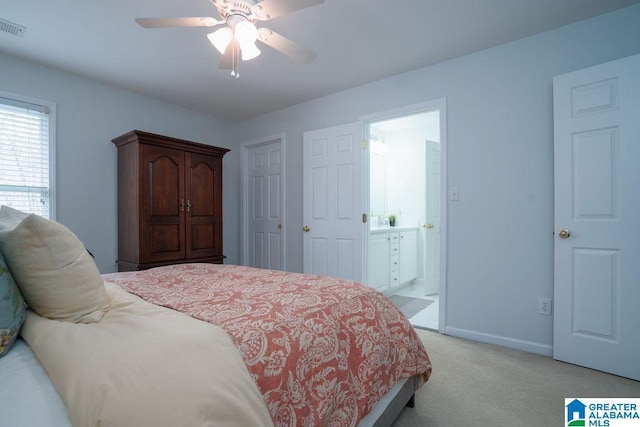 1595 Creekstone Cir, Birmingham, AL 35243 - bedroom with light colored carpet, ensuite bath, and a ceiling fan