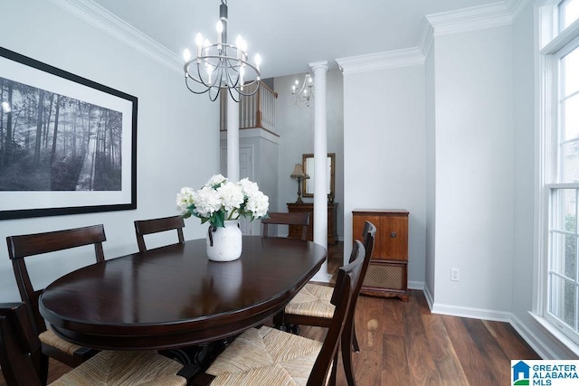 1595 Creekstone Cir, Birmingham, AL 35243 - dining room featuring a chandelier, dark wood finished floors, crown molding, plenty of natural light, and decorative columns