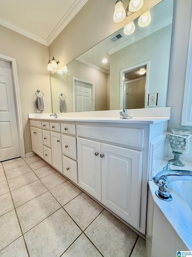 bathroom featuring visible vents, crown molding, a shower stall, double vanity, and tile patterned floors