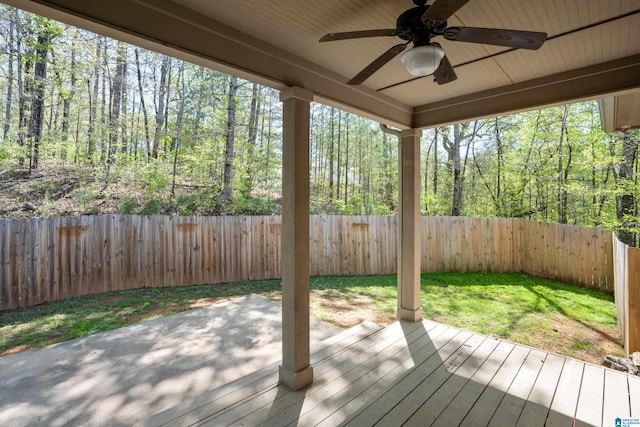 13147 Allison Dr, Lake View, AL 35111 - wooden terrace with a wooded view, a fenced backyard, and a ceiling fan