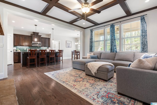 13147 Allison Dr, Lake View, AL 35111 - living room with dark wood-style flooring, a ceiling fan, coffered ceiling, and recessed lighting