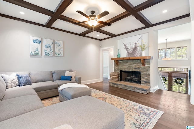 13147 Allison Dr, Lake View, AL 35111 - living room with ceiling fan, baseboards, wood finished floors, and coffered ceiling